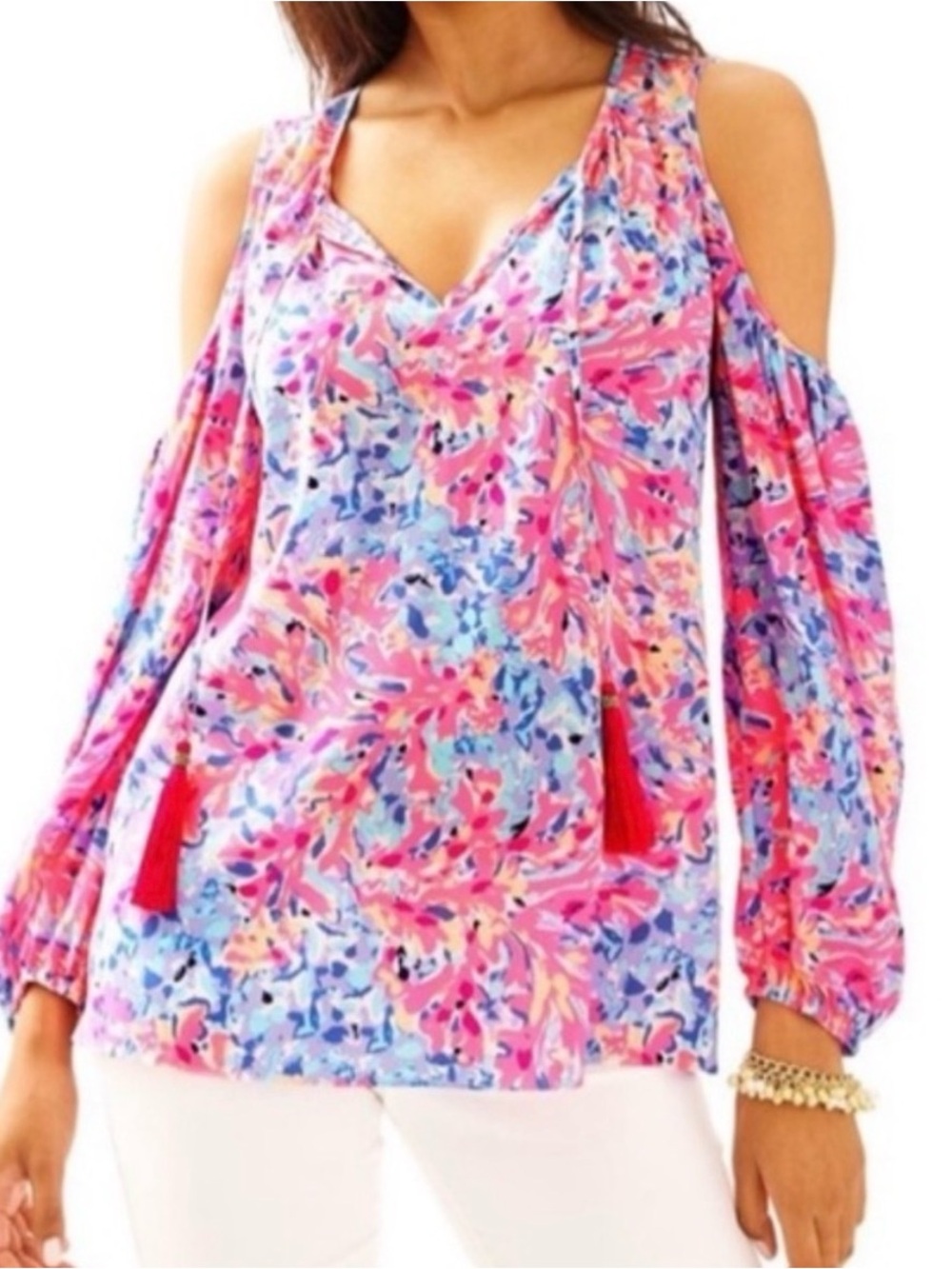 Lilly Pulitzer Finch Women’s Silk Pink Floral Tie-Front Cold-Shoulder Blouse